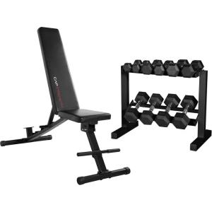 CAP Barbell 150-Pound Dumbbell Set, 24-Inch Black Rack & Adjustable Bench Bundle