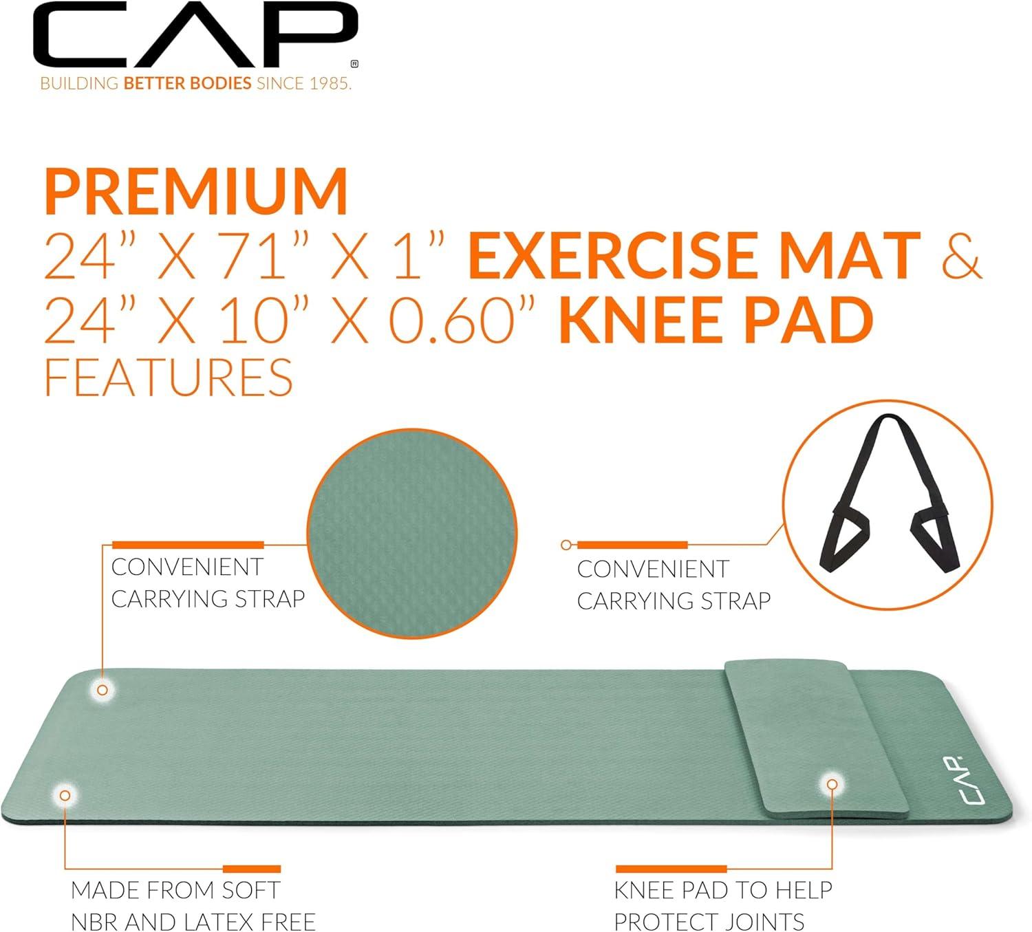 image:imageCAP Barbell High Density Exercise Yoga Mat with strap and Knee Pad 71x24x12 Sage Green