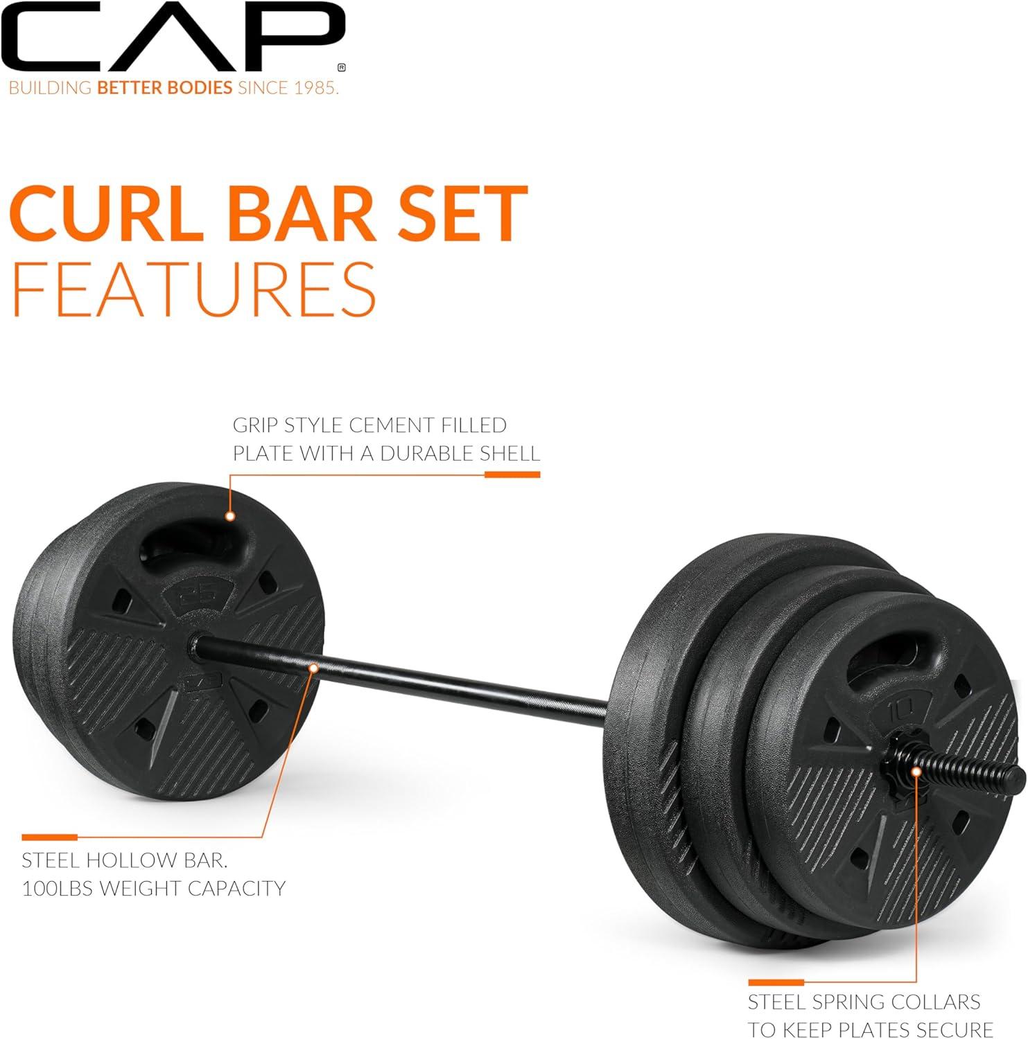 image:imageCAP Barbell Threaded Barbell Set with 100 LB Cement Grip Plates 47 Threaded Bar 25LB 15LB 10LB Grip Plates Star Collars Home Gym Weight Set for Strength Training