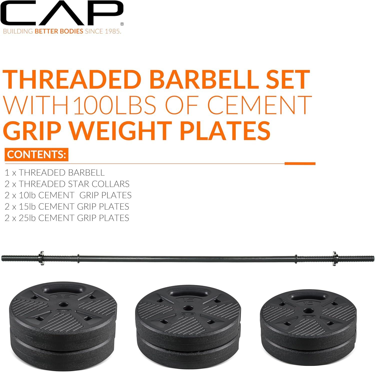 image:imageCAP Barbell Threaded Barbell Set with 100 LB Cement Grip Plates 47 Threaded Bar 25LB 15LB 10LB Grip Plates Star Collars Home Gym Weight Set for Strength Training