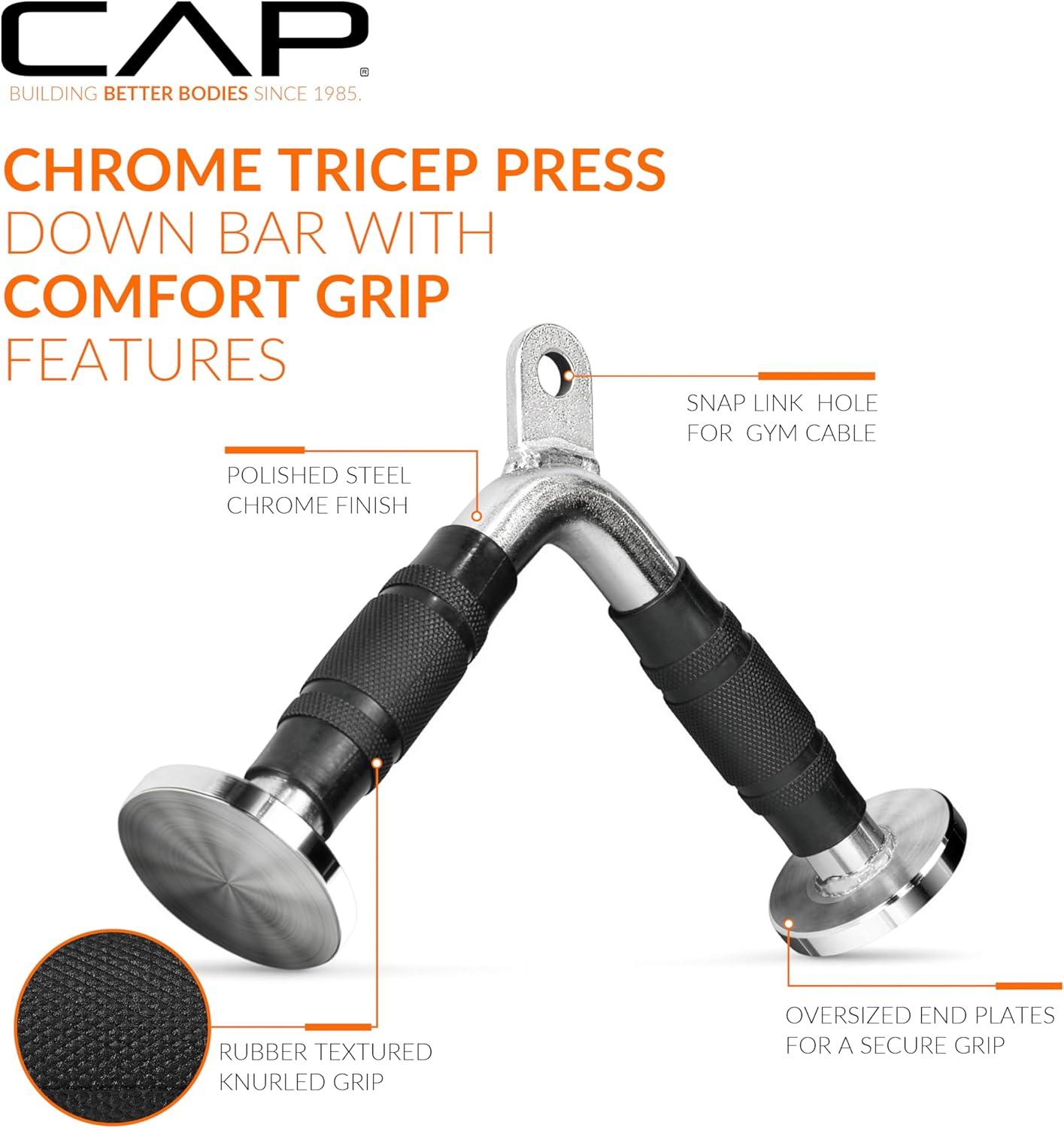 image:imageCAP Cable Machine Attachments LAT Bars Triceps Bars Handles amp Ropes Multiple Styles amp SizesChrome Deluxe Tricep VBar with Rubber Grips