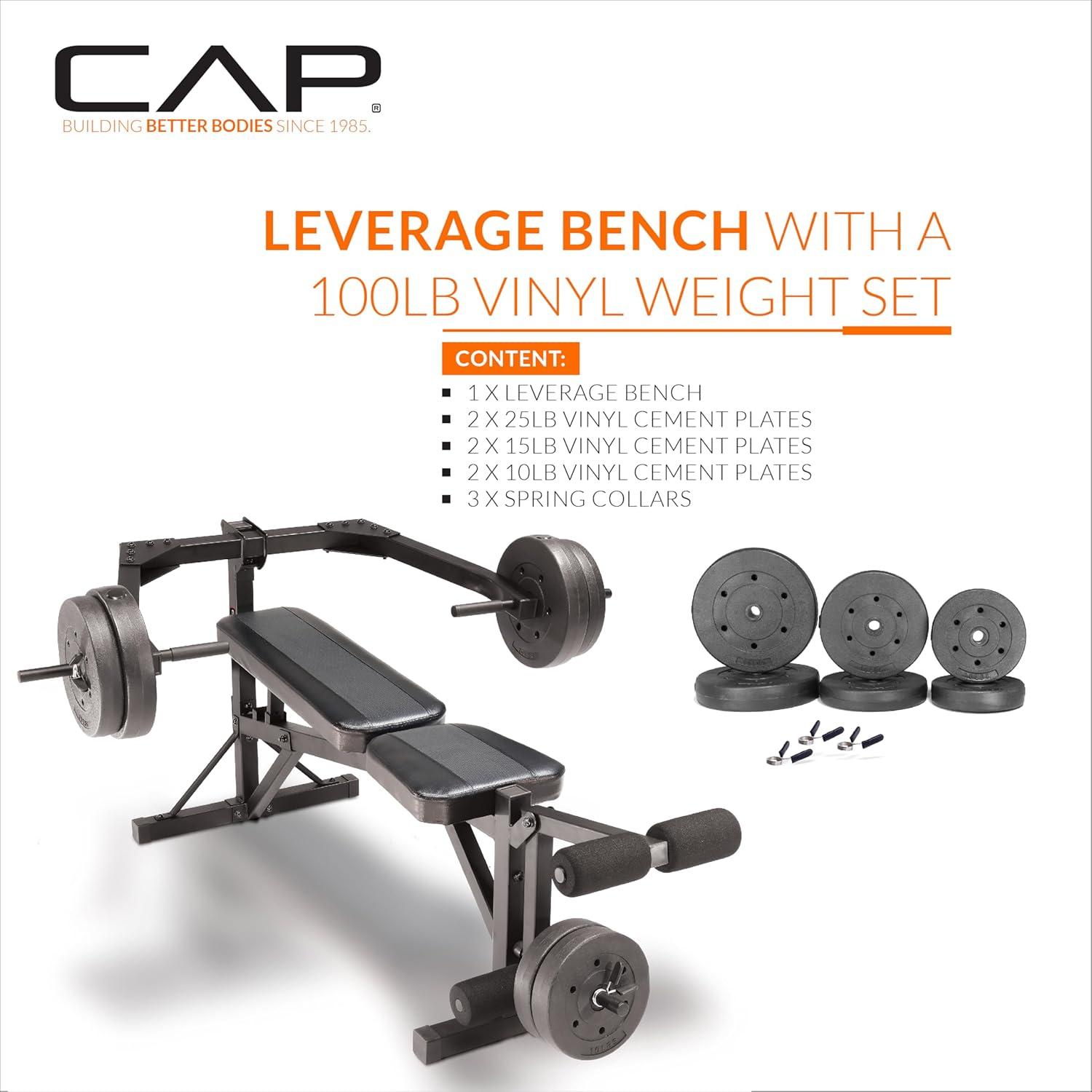 image:imageCap Leverage Weight Bench with 100 LB Vinyl Weight Set Adjustable Strength Training Bench with Leg Developer MultiPosition Home Gym Bench Press with Vinyl Cement Plates amp Spring Collars